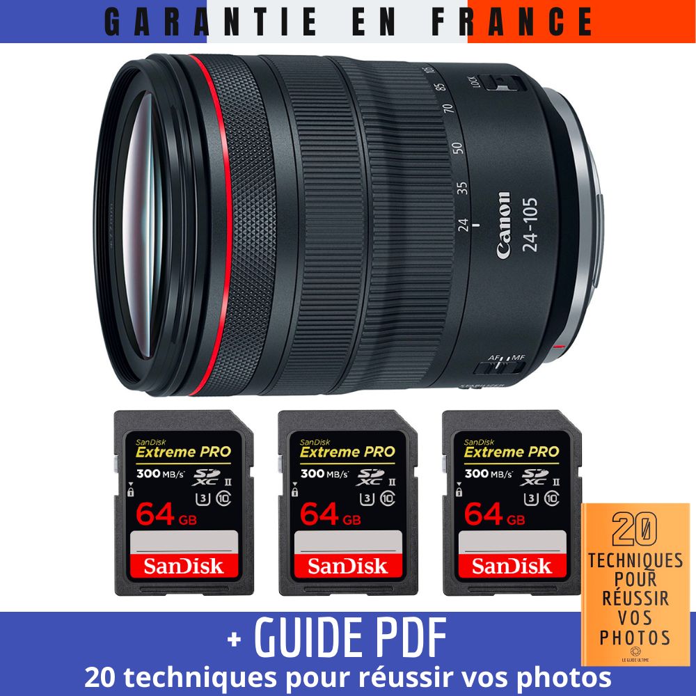 Canon RF 24-105mm f/4L IS USM Lens + 3 SanDisk 64GB Extreme PRO UHS-II 300MB/s Cards + '20 TECHNIQUES FOR SUCCESSFUL PHOTOS' Guide
