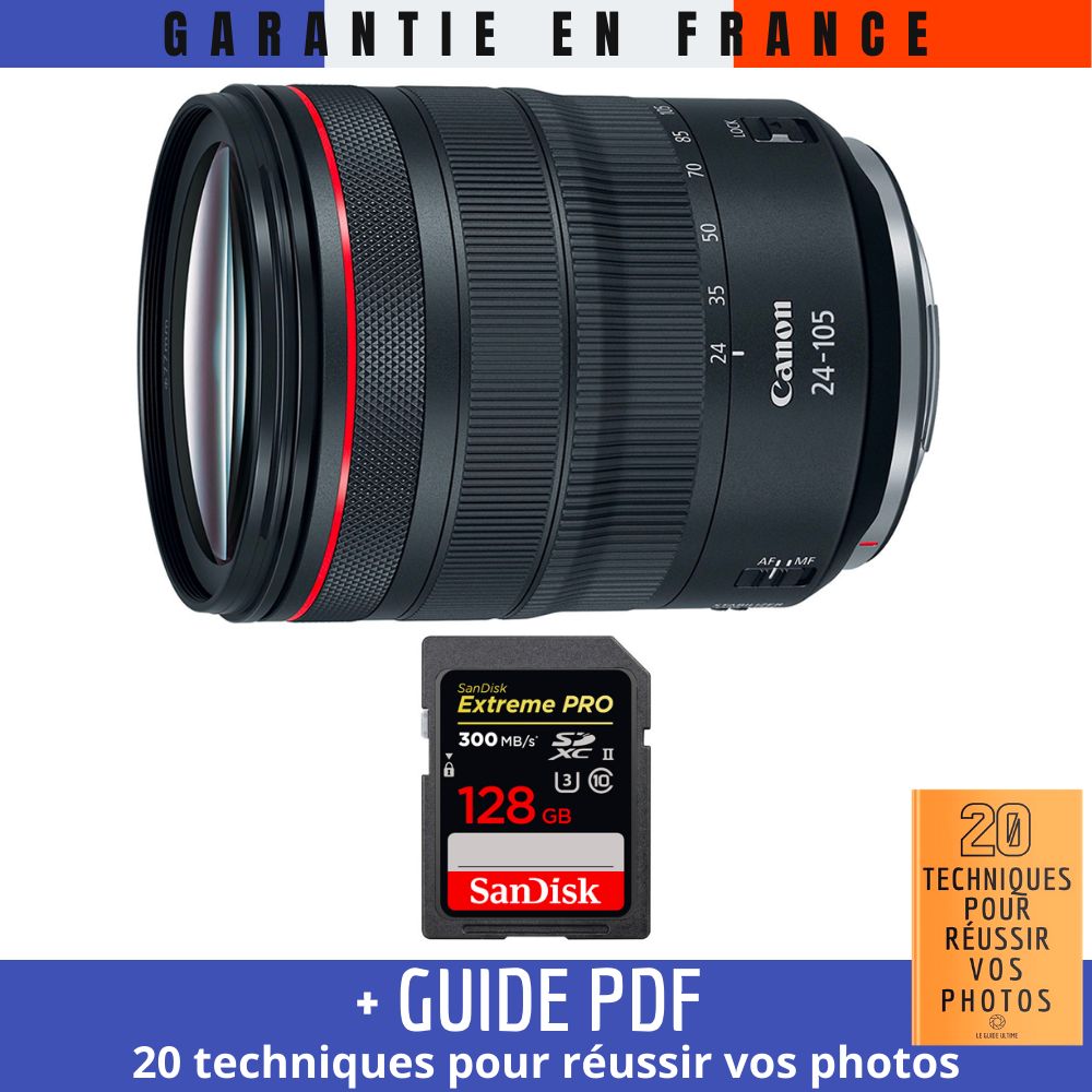 Canon RF 24-105mm f/4L IS USM Lens + 1 SanDisk 128GB Extreme PRO UHS-II 300MB/s Card + '20 TECHNIQUES FOR SUCCESSFUL PHOTOS' Guide