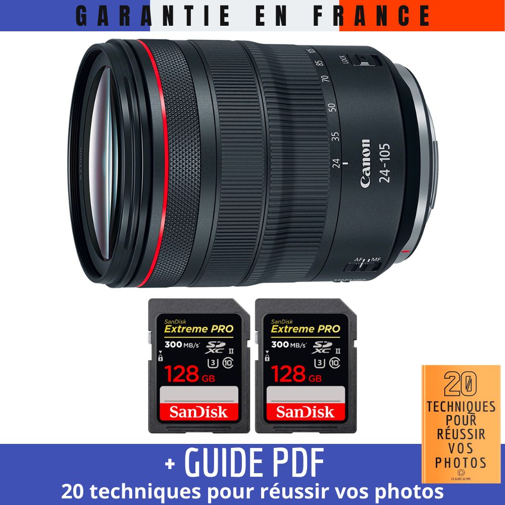 Canon RF 24-105mm f/4L IS USM Lens + 2x 128GB SanDisk Extreme PRO UHS-II Cards (Guide PDF '20 Techniques for Successful Photos)