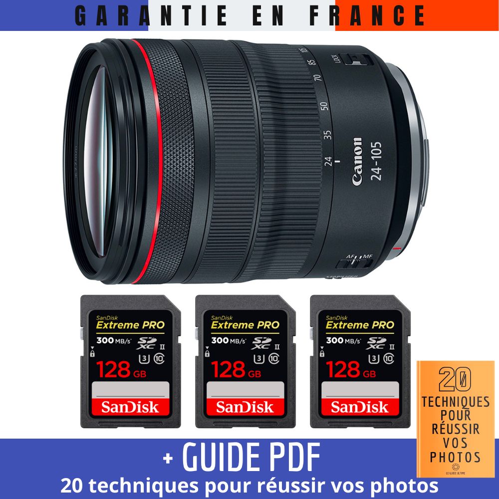 Canon RF 24-105mm f/4L IS USM Lens + 3 SanDisk 128GB Extreme PRO UHS-II 300MB/s Cards + '20 TECHNIQUES POUR RÉUSSIR VOS PHOTOS' Guide