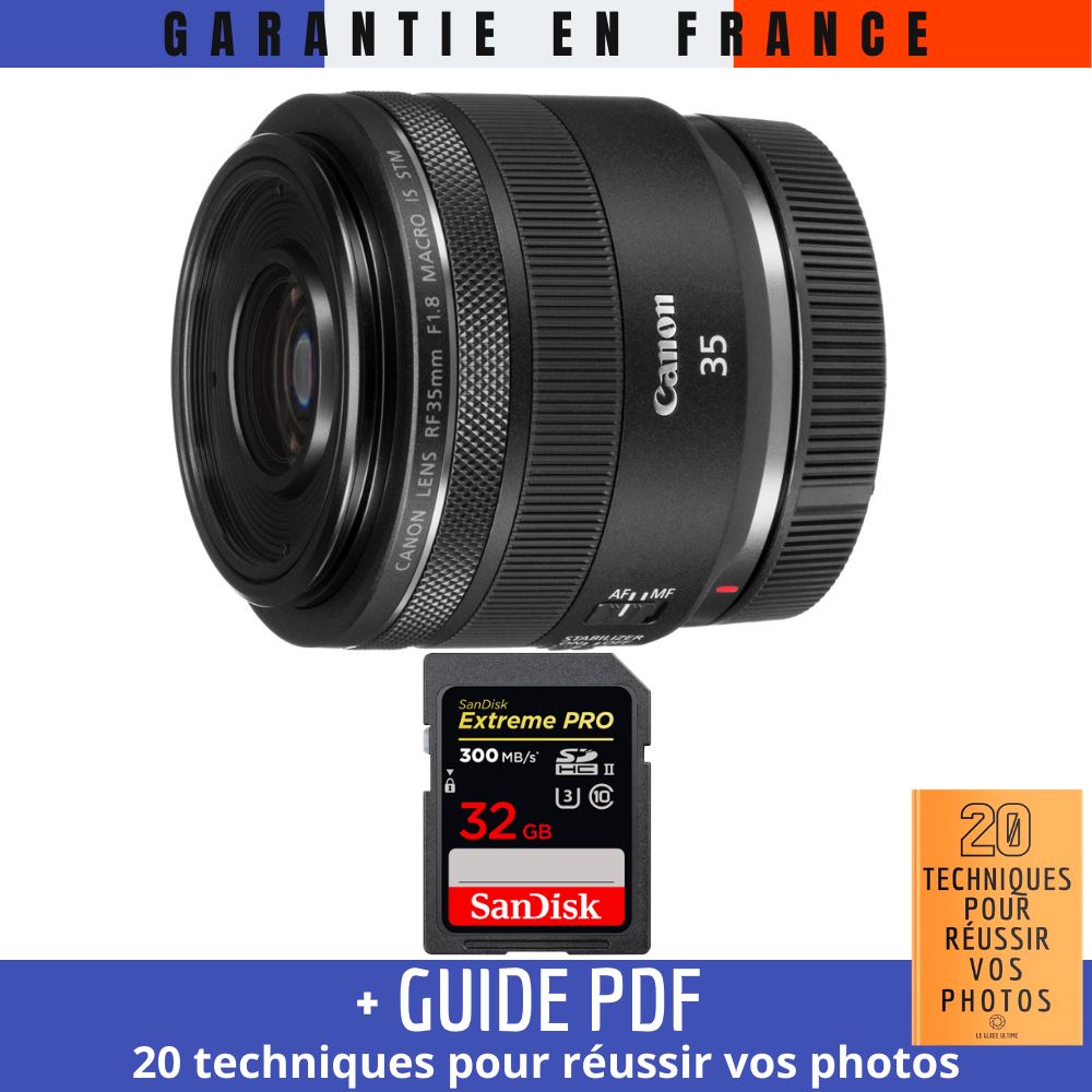 Canon RF 35mm f/1.8 Macro IS STM Lens + 1 SanDisk 32GB UHS-II 300MB/s Card + '20 TECHNIQUES POUR RÉUSSIR VOS PHOTOS' Guide