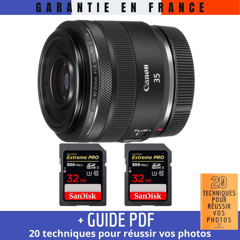 Canon RF 35mm f/1.8 Macro IS STM Lens + 2 SanDisk 32GB UHS-II Cards + '20 TECHNIQUES FOR SUCCESSFUL PHOTOS' Guide