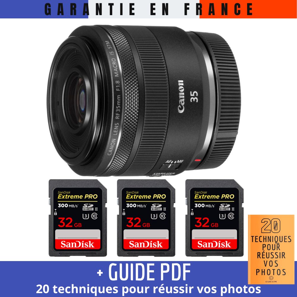 Canon RF 35mm f/1.8 Macro IS STM Lens + 3 SanDisk 32GB UHS-II 300MB/s Cards + '20 Techniques for Succeeding in Your Photos' Guide