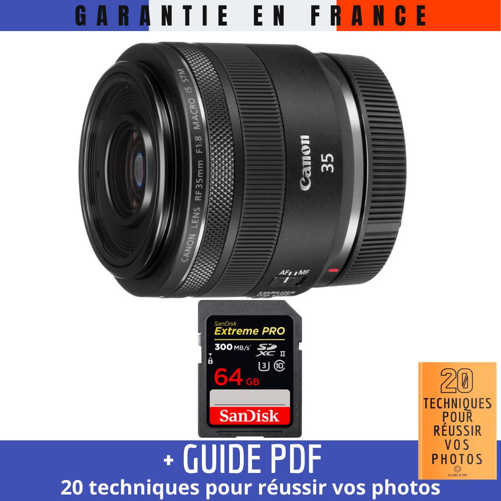 Canon RF 35mm f/1.8 Macro IS STM Lens + 64GB SanDisk UHS-II Card + '20 TECHNIQUES POUR RÉUSSIR VOS PHOTOS' Guide