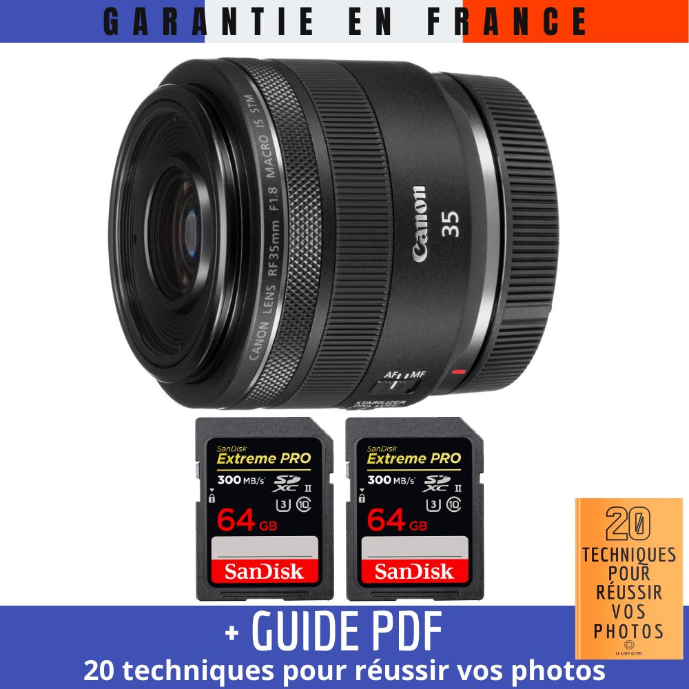 Canon RF 35mm f/1.8 Macro IS STM Lens + 2 SanDisk 64GB UHS-II 300MB/s Cards + '20 TECHNIQUES FOR SUCCESSFUL PHOTOS' Guide