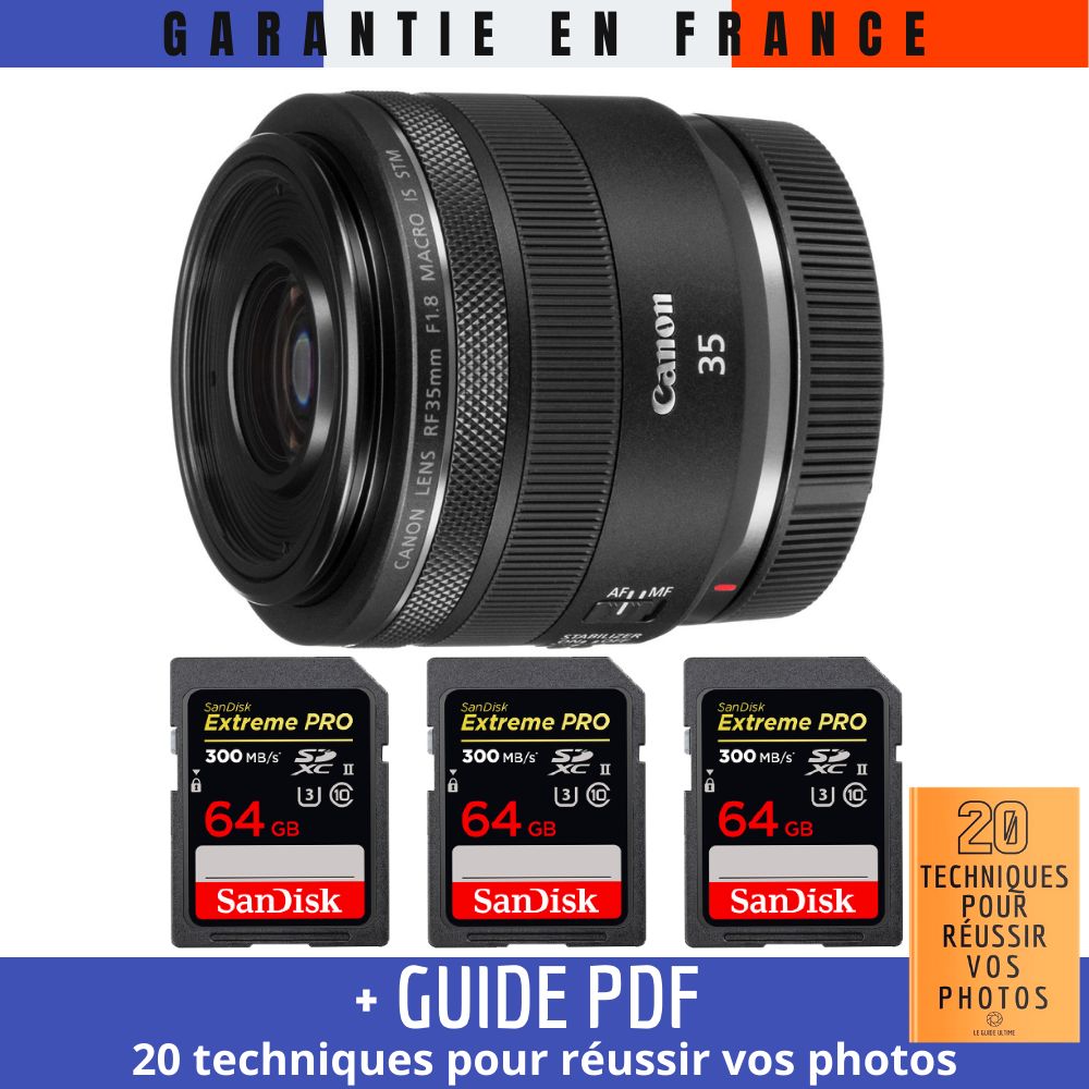 Canon RF 35mm f/1.8 Macro IS STM Lens + 3 SanDisk 64GB UHS-II Cards + '20 Techniques for Succeeding in Photos' Guide