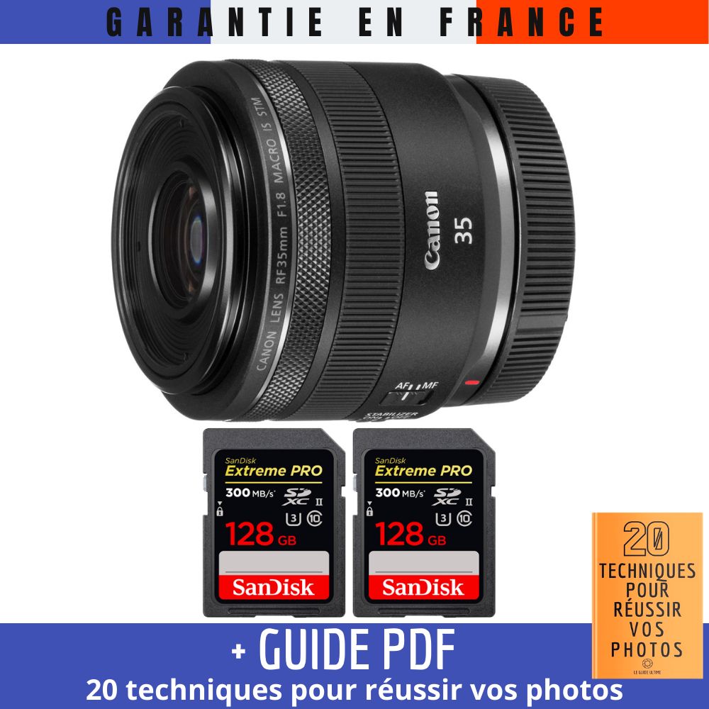 Canon RF 35mm f/1.8 Macro IS STM Lens + 2 SanDisk 128GB UHS-II 300MB/s Cards + '20 TECHNIQUES FOR Succeeding in Your Photos' Guide