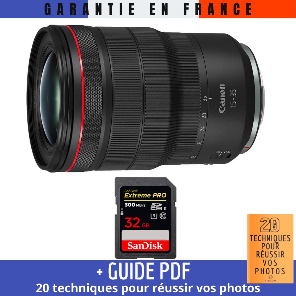 Canon RF 15-35mm f/2.8L IS USM Lens + 1 SanDisk 32GB UHS-II 300MB/s Card + '20 TECHNIQUES POUR RÉUSSIR VOS PHOTOS' Guide