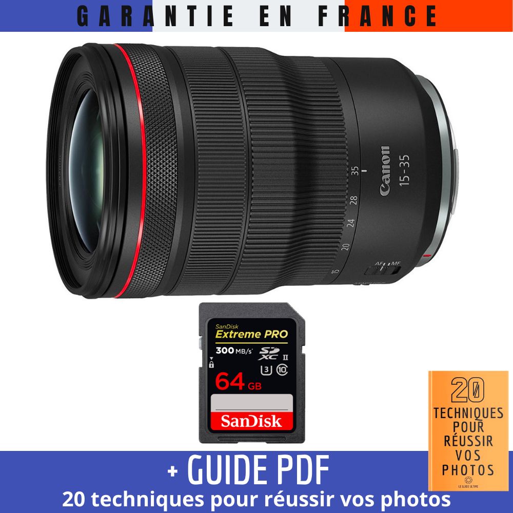 Canon RF 15-35mm f/2.8L IS USM Lens + 1 SanDisk 64GB UHS-II 300MB/s Card + '20 TECHNIQUES POUR RÉUSSIR VOS PHOTOS' Guide