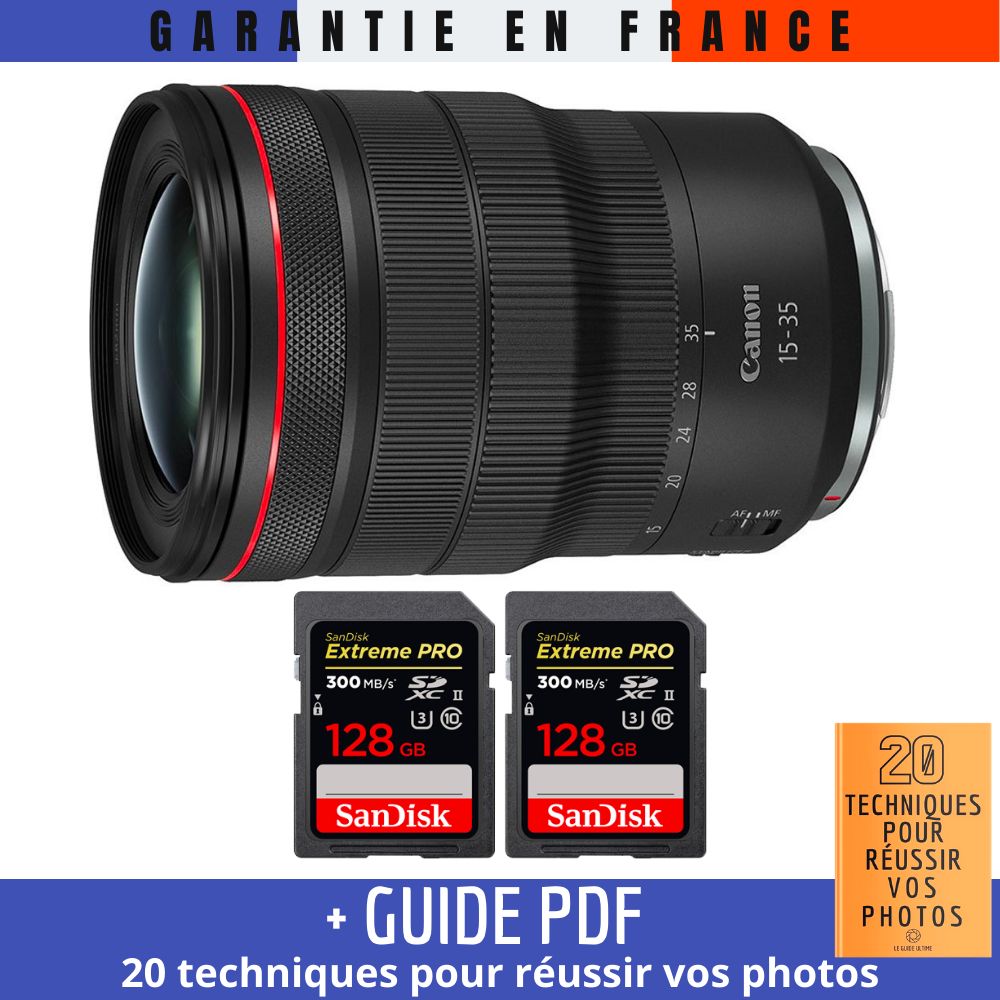 Canon RF 15-35mm f/2.8L IS USM Lens + 2 SanDisk 128GB UHS-II 300MB/s Cards + '20 TECHNIQUES POUR RÉUSSIR VOS PHOTOS' Guide