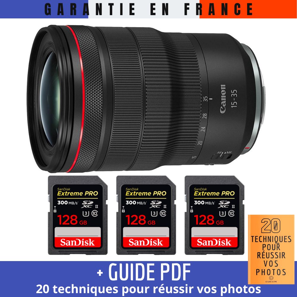 Canon RF 15-35mm f/2.8L IS USM Lens + 3 SanDisk 128GB UHS-II 300MB/s Cards + '20 TECHNIQUES FOR SUCCESSFUL PHOTOS' Guide