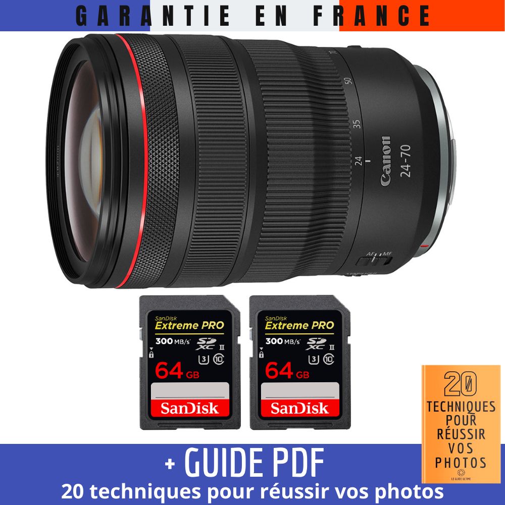 Canon RF 24-70mm f/2.8L IS USM Lens + 2 SanDisk 64GB Extreme PRO UHS-II 300MB/s Cards + '20 Techniques for Succeeding in Your Photos' Guide