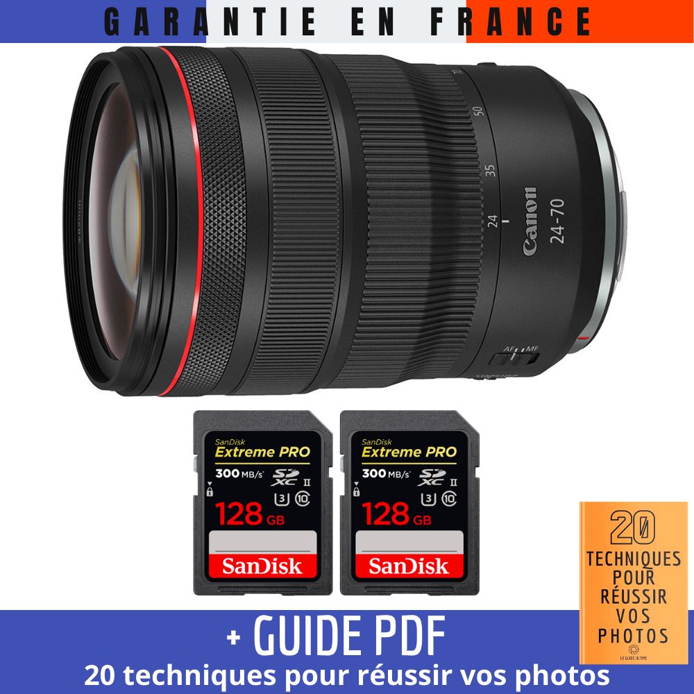 Canon RF 24-70mm f/2.8L IS USM Lens + 2 SanDisk 128GB UHS-II 300MB/s Cards + '20 TECHNIQUES FOR SUCCESSFUL PHOTOS' Guide