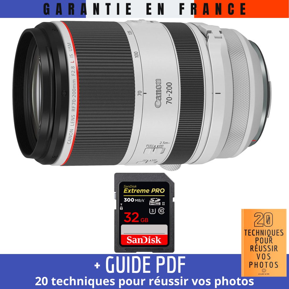 Canon RF 70-200mm f/2.8L IS USM Lens + 1 SanDisk 32GB UHS-II 300MB/s Card + '20 TECHNIQUES POUR RÉUSSIR VOS PHOTOS' Guide