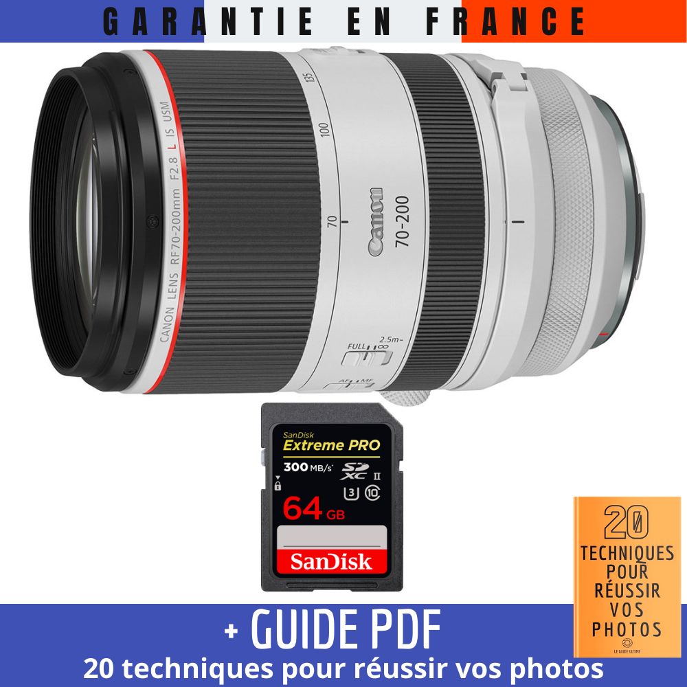 Canon RF 70-200mm f/2.8L IS USM Lens + 1 SanDisk 64GB UHS-II Card + '20 TECHNIQUES FOR SUCCESSFUL PHOTOS' Guide