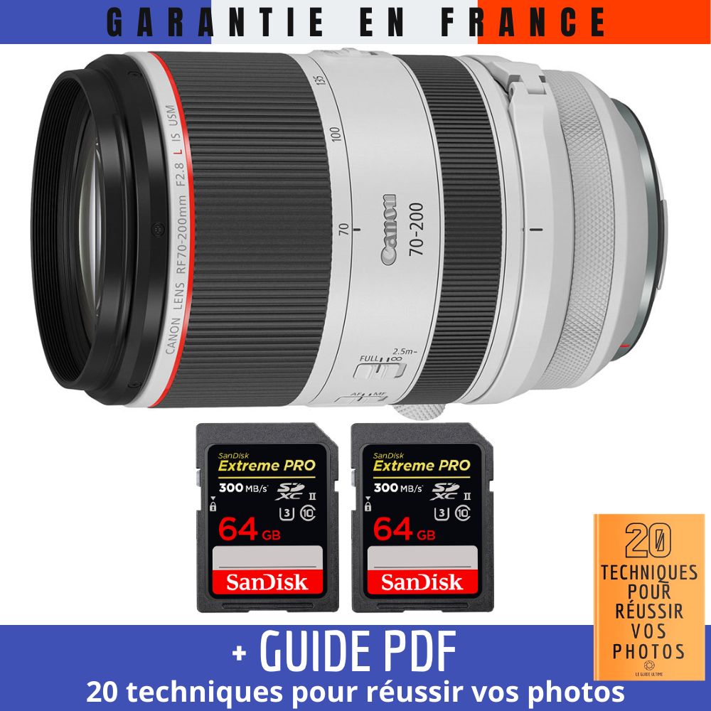 Canon RF 70-200mm f/2.8L IS USM Lens + 2x 64GB SanDisk UHS-II Cards + '20 TECHNIQUES FOR MASTERING YOUR PHOTOS' Guide