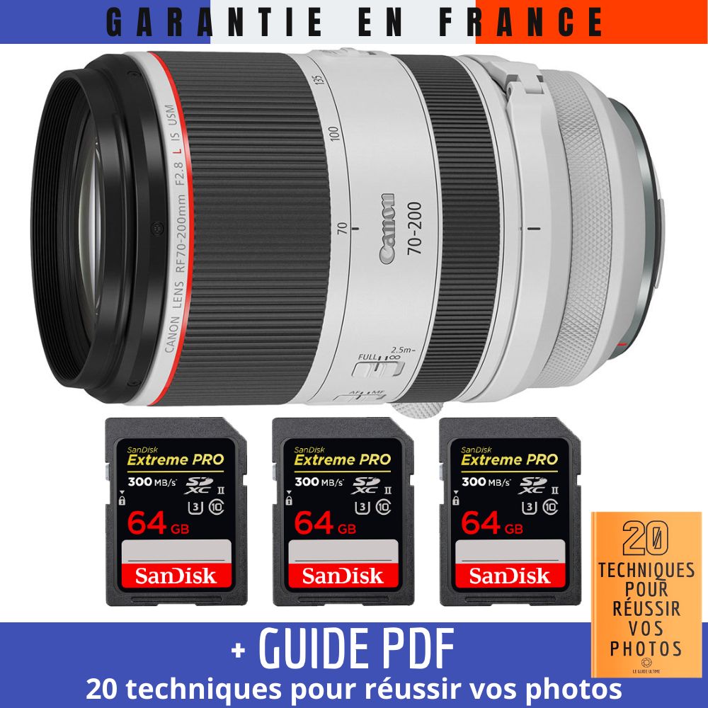 Canon RF 70-200mm f/2.8L IS USM Lens + 3 SanDisk 64GB UHS-II 300MB/s Cards + '20 TECHNIQUES POUR RÉUSSIR VOS PHOTOS' Guide
