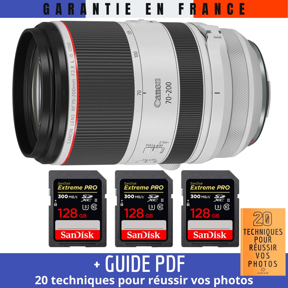 Canon RF 70-200mm f/2.8L IS USM Lens + 3 SanDisk 128GB UHS-II 300MB/s Cards + '20 TECHNIQUES POUR RÉUSSIR VOS PHOTOS' Guide
