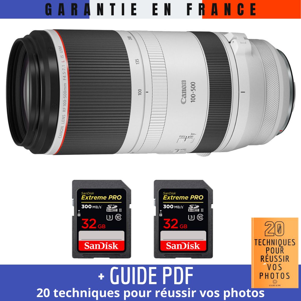 Canon RF 100-500mm f/4.5-7.1L IS USM Lens + 2 SanDisk 32GB UHS-II 300MB/s Cards + '20 TECHNIQUES POUR RÉUSSIR VOS PHOTOS' Guide
