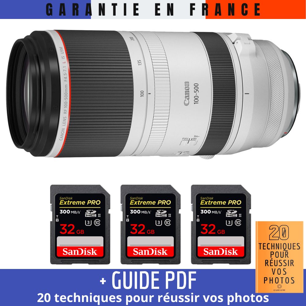 Canon RF 100-500mm f/4.5-7.1L IS USM Lens + 3 SanDisk 32GB UHS-II 300MB/s Cards + '20 Techniques for Succeeding in Photos' Guide