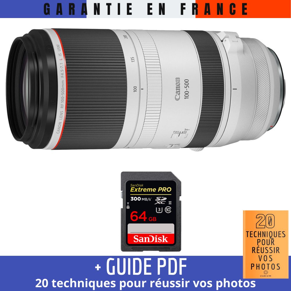Canon RF 100-500mm f/4.5-7.1L IS USM + 1 SanDisk 64GB UHS-II 300MB/s Memory Card + '20 TECHNIQUES POUR RÉUSSIR VOS PHOTOS