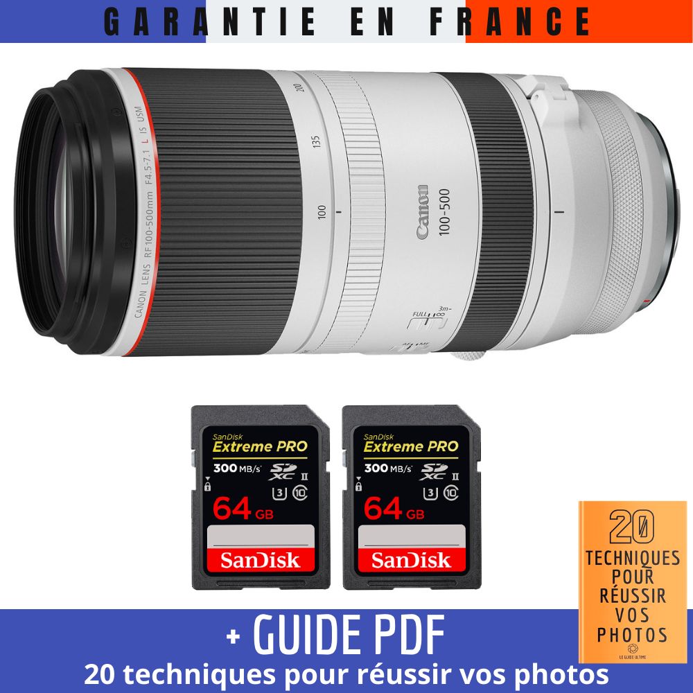 Canon RF 100-500mm f/4.5-7.1L IS USM Lens + 2 SanDisk 64GB UHS-II 300MB/s Cards + '20 TECHNIQUES POUR RÉUSSIR VOS PHOTOS' Guide