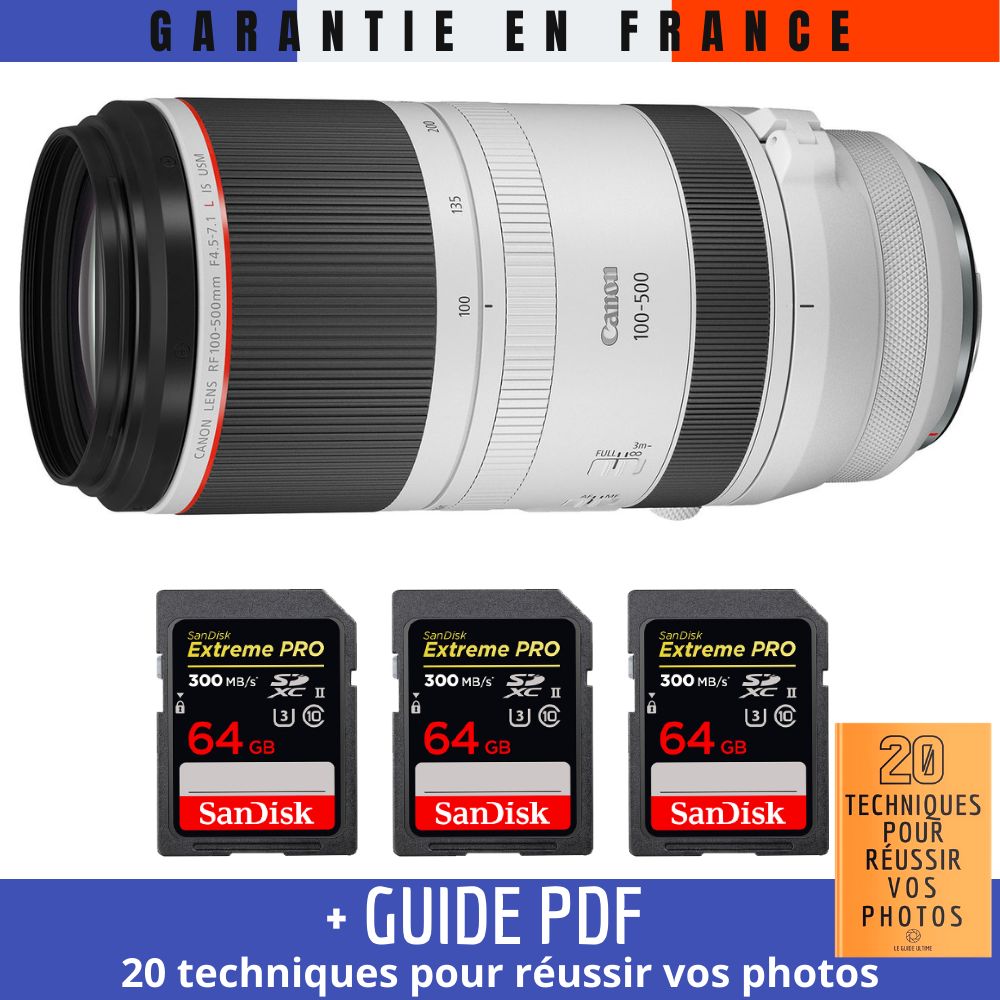 Canon RF 100-500mm f/4.5-7.1L IS USM Lens + 3 SanDisk 64GB UHS-II 300MB/s Cards + '20 TECHNIQUES POUR RÉUSSIR VOS PHOTOS' Guide