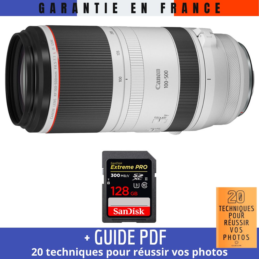 Canon RF 100-500mm f/4.5-7.1L IS USM Lens + 1 SanDisk 128GB UHS-II 300MB/s Card + '20 TECHNIQUES POUR RÉUSSIR VOS PHOTOS' Guide