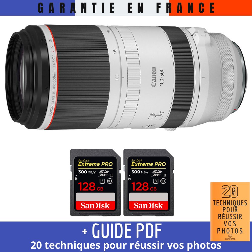 Objetivo Canon RF 100-500mm f/4.5-7.1L IS USM + 2 tarjetas SanDisk de 128GB UHS-II 300 MB/s + guía PDF '20 técnicas para tener éxito en la fotografía'