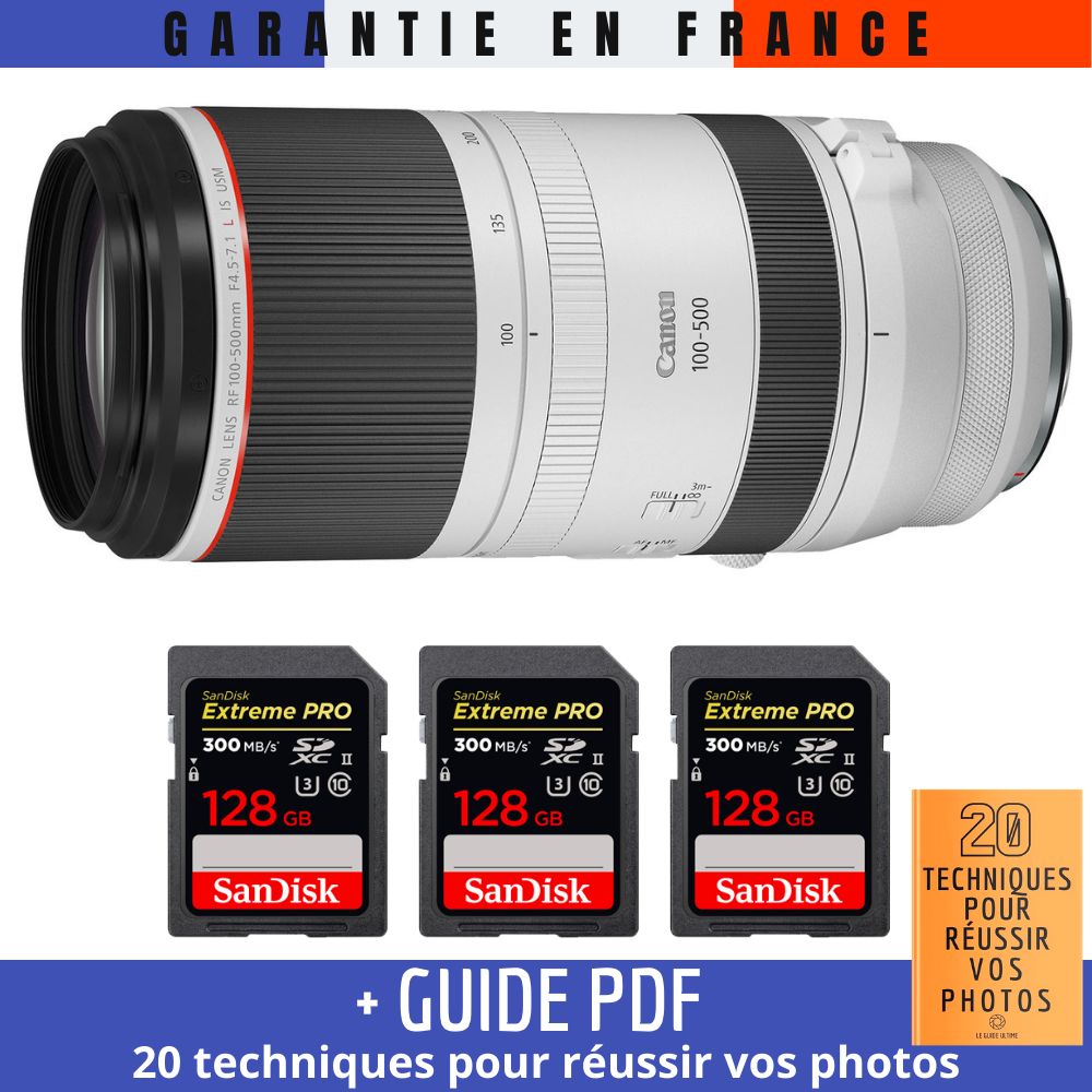Canon RF 100-500mm f/4.5-7.1L IS USM + 3 SanDisk 128GB UHS-II 300MB/s Memory Cards + '20 TECHNIQUES POUR RÉUSSIR VOS PHOTOS