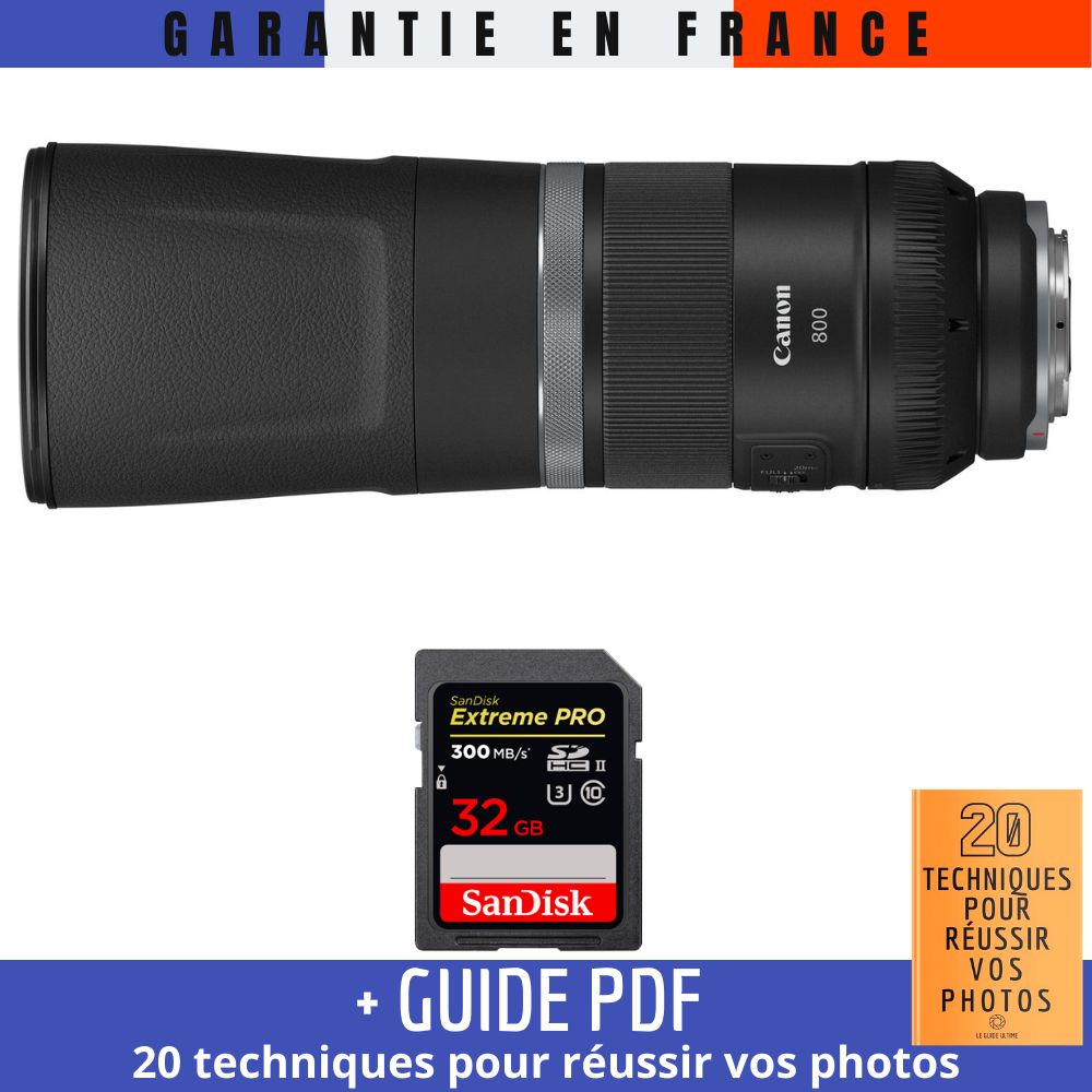 Canon RF 800mm f/11 IS STM Lens + 1 SanDisk 32GB UHS-II Card + '20 TECHNIQUES POUR RÉUSSIR VOS PHOTOS' Guide