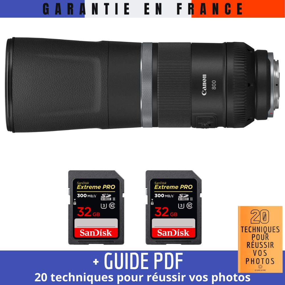 Canon RF 800mm f/11 IS STM Lens + 2 SanDisk 32GB UHS-II Cards (Guide PDF included)