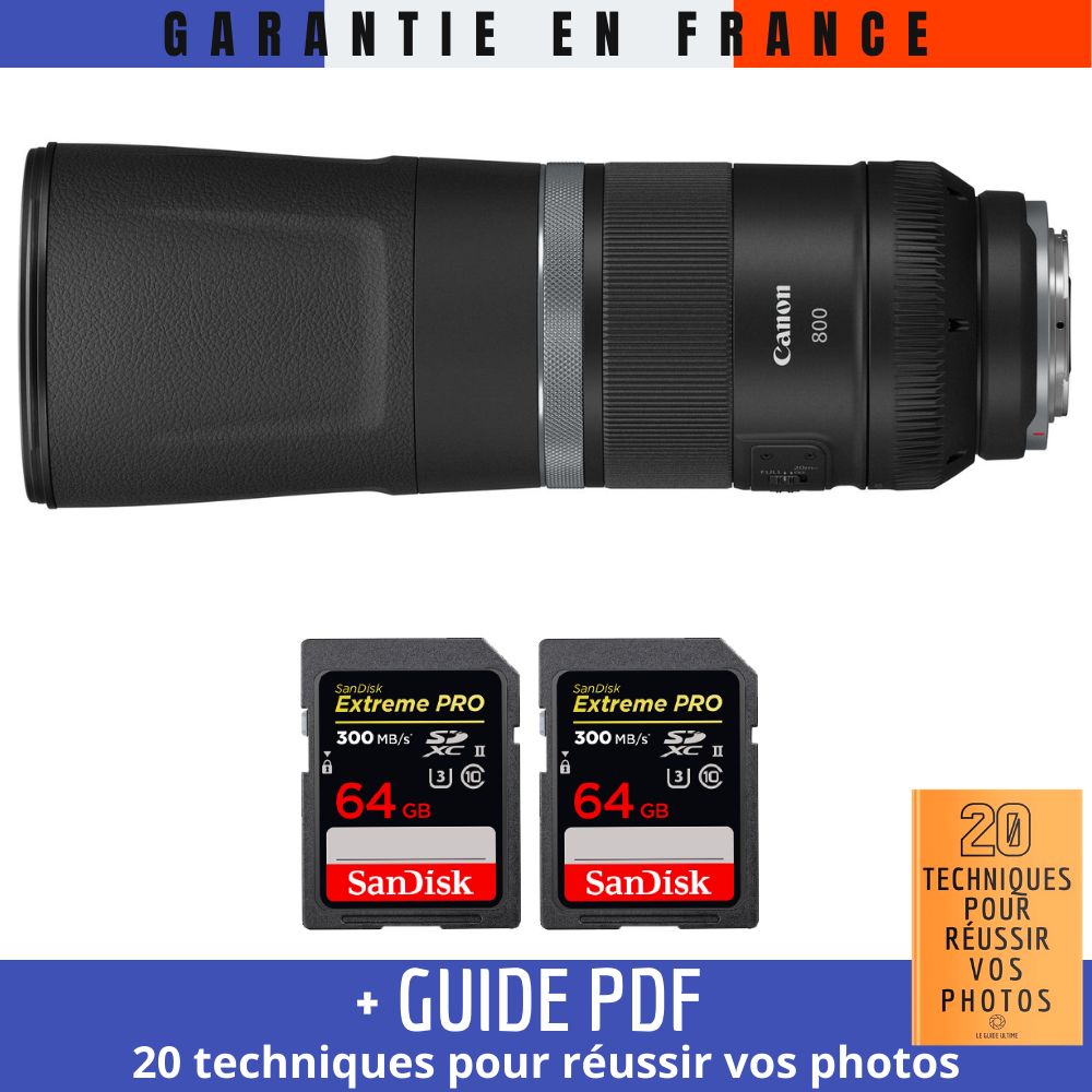 Canon RF 800mm f/11 IS STM Lens + 2x 64GB SanDisk UHS-II Cards (Guide PDF included)