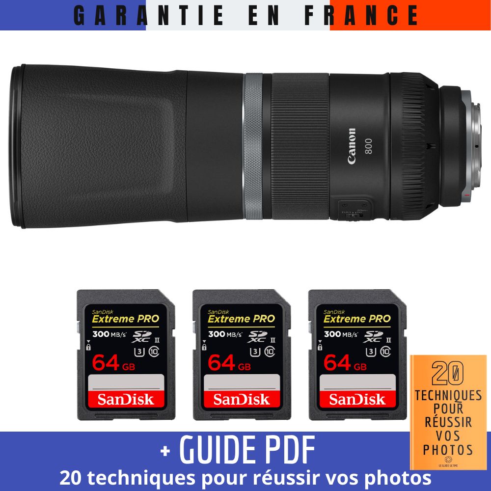 Canon RF 800mm f/11 IS STM Lens + 3 SanDisk 64GB UHS-II Cards + '20 Techniques for Succeeding in Photography' Guide