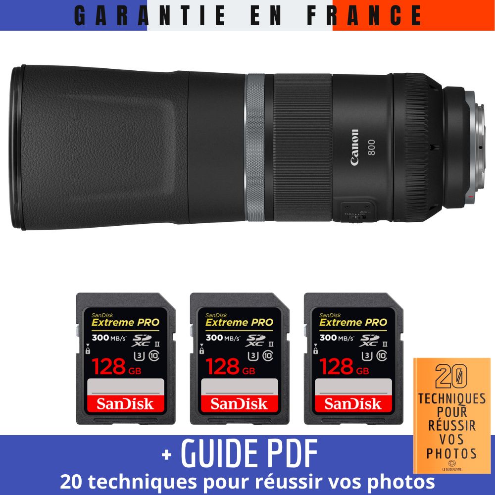 Canon RF 800mm f/11 IS STM Lens + 3 SanDisk 128GB UHS-II Cards (Read Speed: 300MB/s) + '20 TECHNIQUES POUR RÉUSSIR VOS PHOTOS' Guide