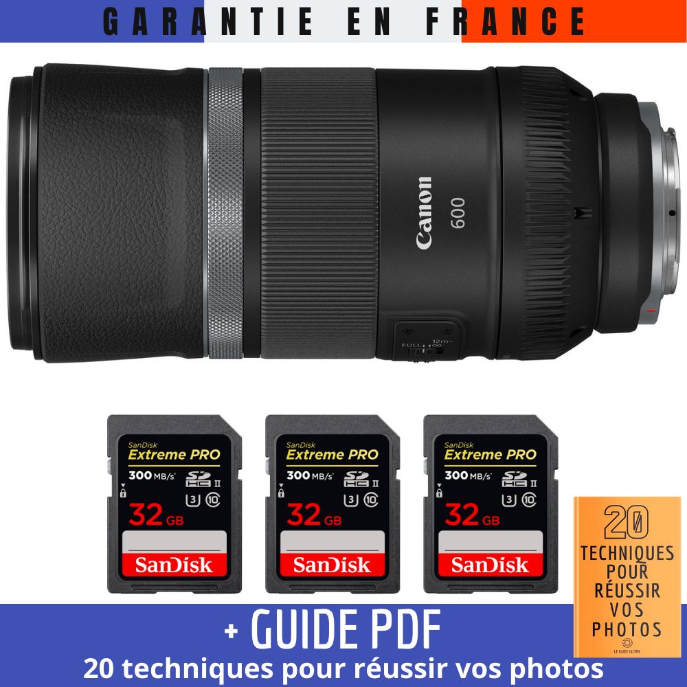 Canon RF 600mm f/11 IS STM Lens + 3 SanDisk 32GB UHS-II Cards (Guide PDF '20 Techniques for Successful Photos)