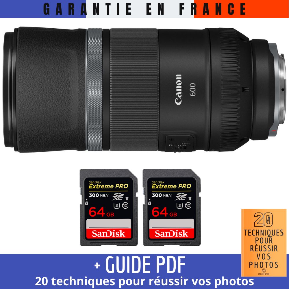 Canon RF 600mm f/11 IS STM Lens + 2x 64GB SanDisk UHS-II Cards + '20 TECHNIQUES POUR RÉUSSIR VOS PHOTOS' Guide