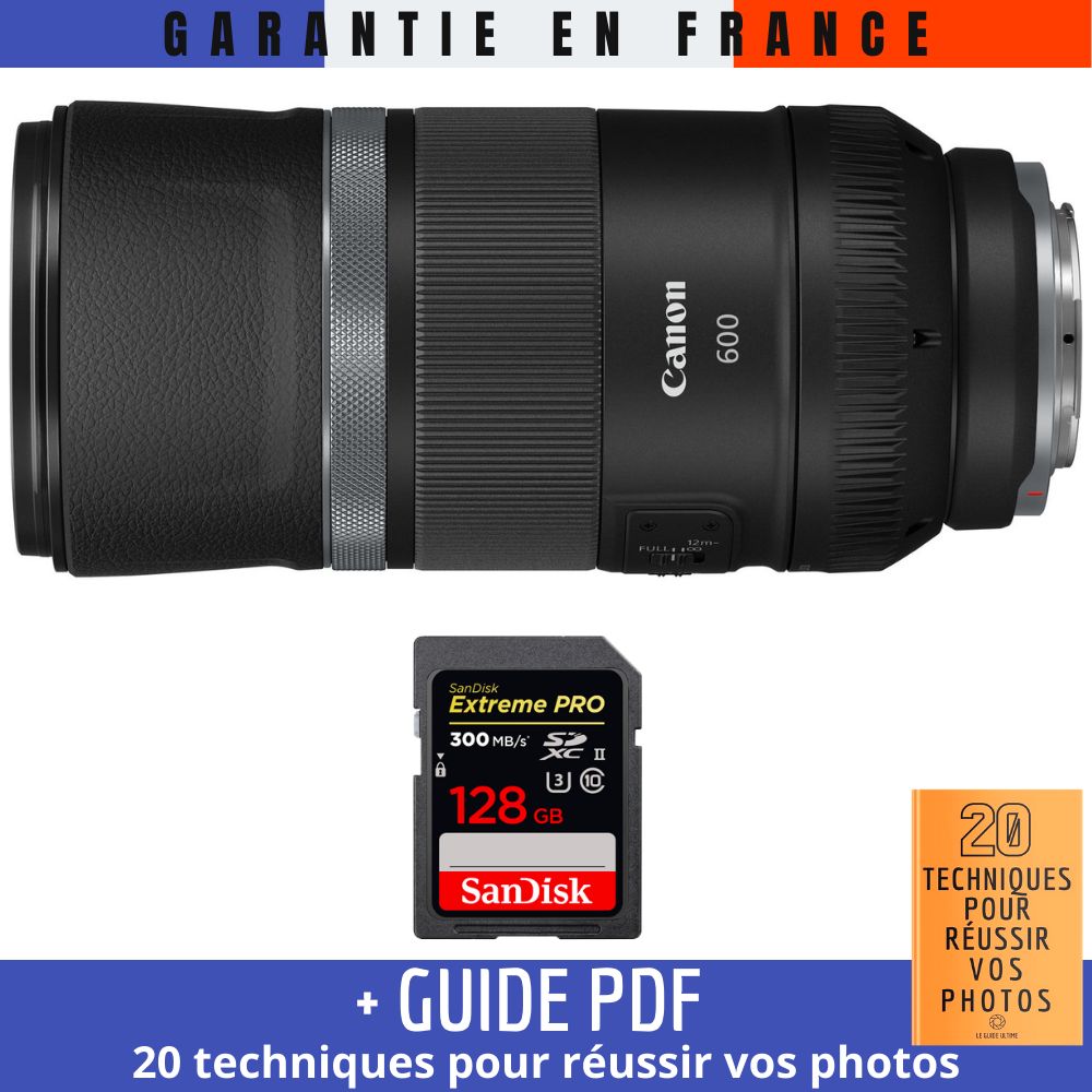 Canon RF 600mm f/11 IS STM Lens + 1 SanDisk 128GB UHS-II Card (Read 300MB/s) + '20 Techniques for Succeeding in Photography' Guide
