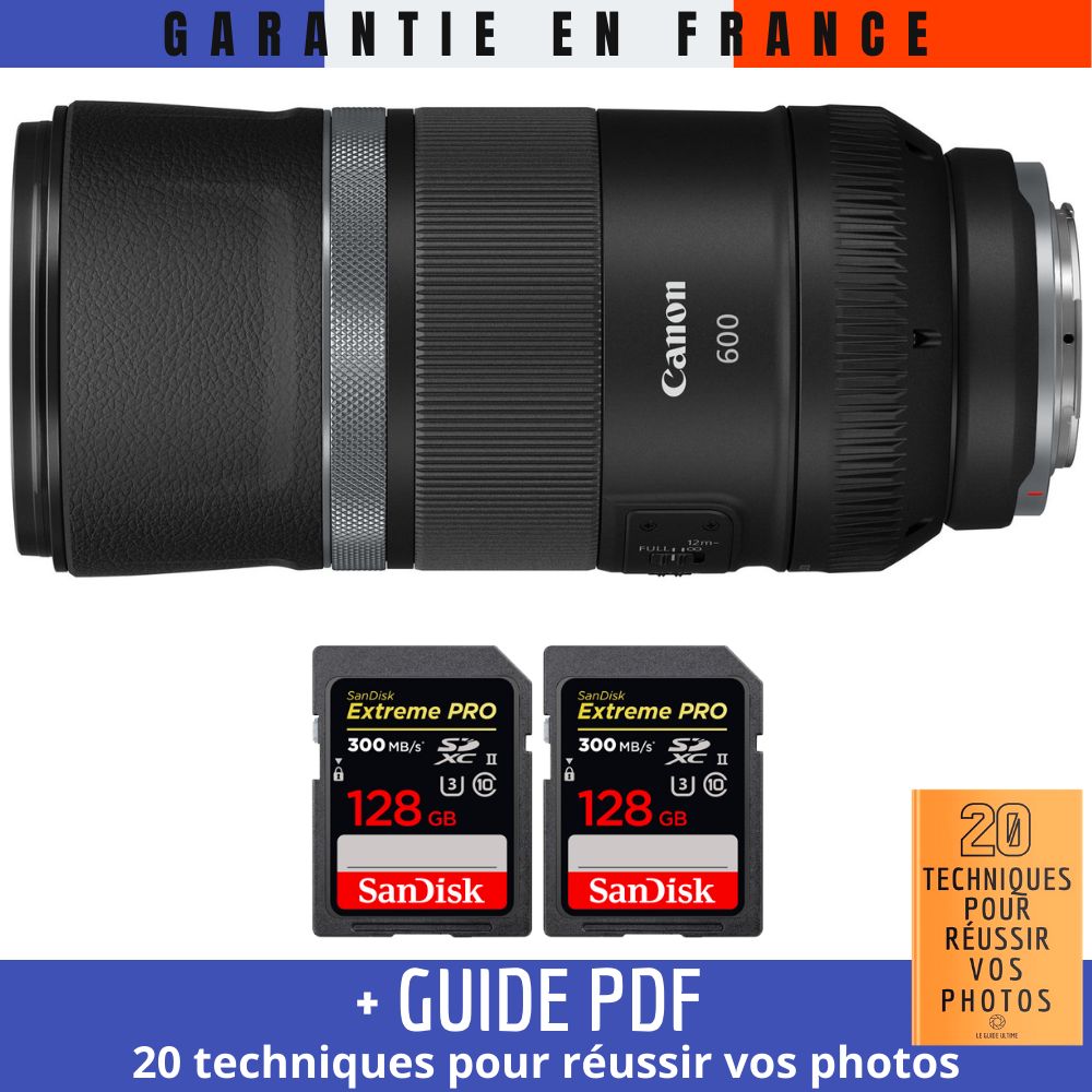 Canon RF 600mm f/11 IS STM Lens + 2 SanDisk 128GB UHS-II Cards (Guide PDF included)