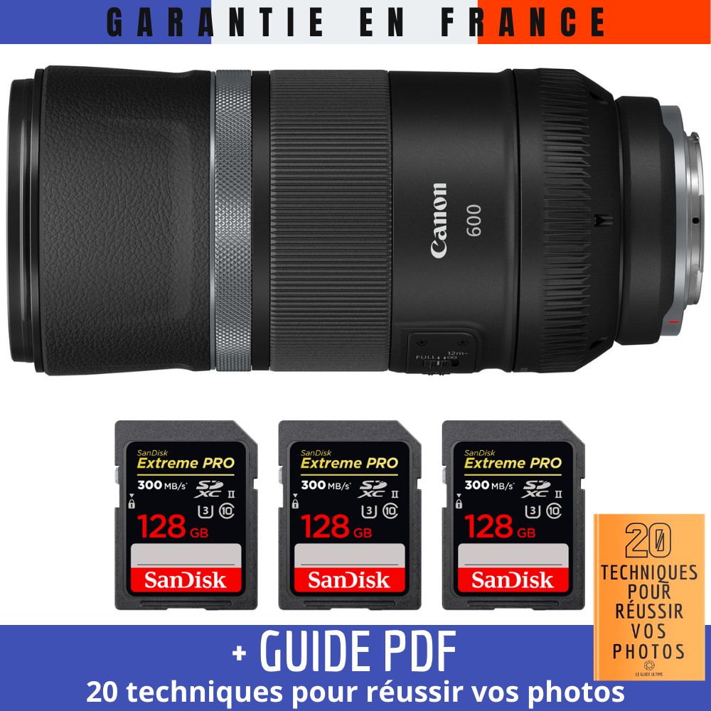 Canon RF 600mm f/11 IS STM Lens + 3 SanDisk 128GB UHS-II Cards (Guide PDF included)