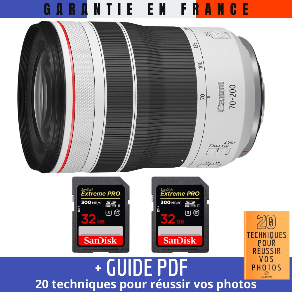 Canon RF 70-200mm f/4L IS USM Lens + 2 SanDisk 32GB UHS-II Cards + '20 TECHNIQUES FOR SUCCESSFUL PHOTOS' Guide