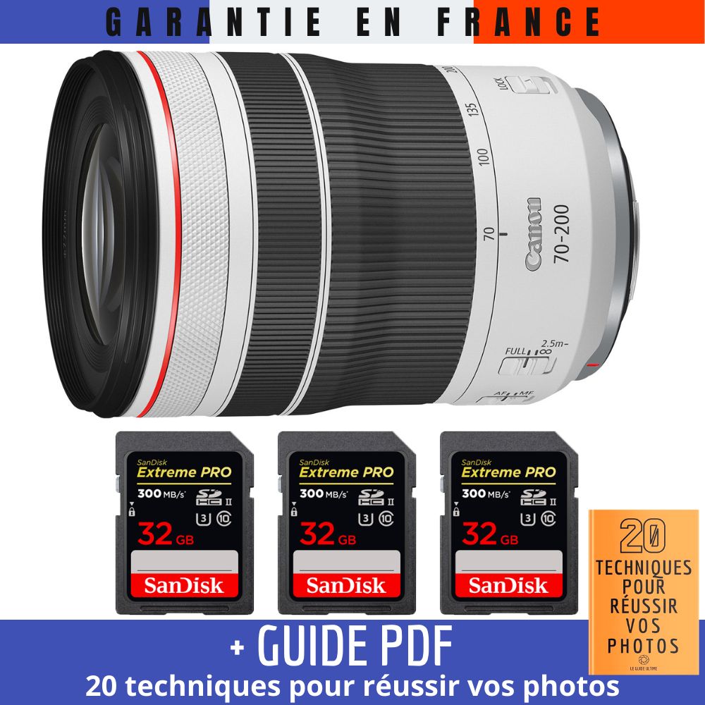 Canon RF 70-200mm f/4L IS USM Lens + 3 SanDisk 32GB UHS-II Cards + '20 TECHNIQUES FOR SUCCESSFUL PHOTOS' Guide