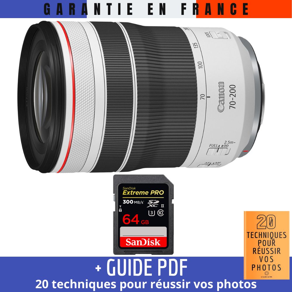 Canon RF 70-200mm f/4L IS USM Lens + 1 SanDisk 64GB UHS-II 300MB/s Card + '20 TECHNIQUES FOR SUCCESSFUL PHOTOS' Guide