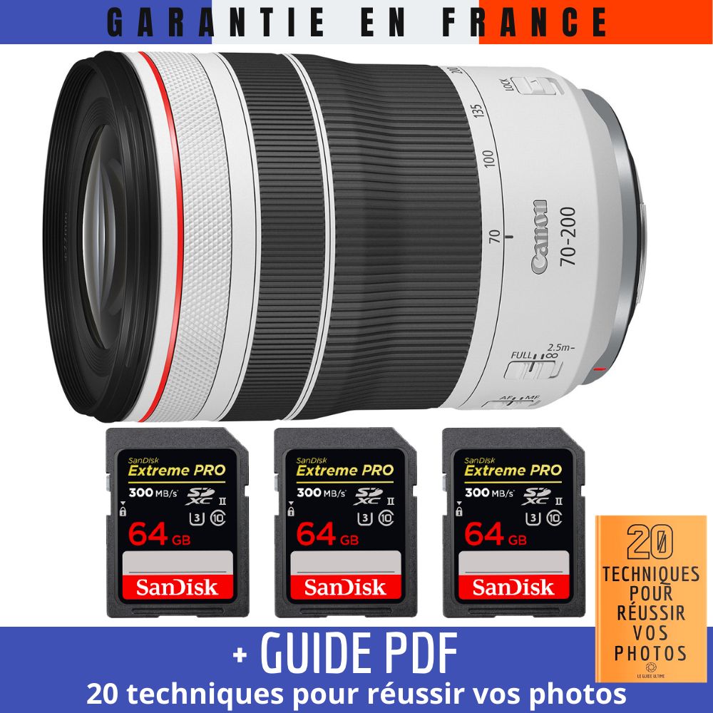 Canon RF 70-200mm f/4L IS USM Lens + 3 SanDisk 64GB UHS-II 300MB/s Cards + '20 TECHNIQUES FOR SUCCESSFUL PHOTOS' Guide