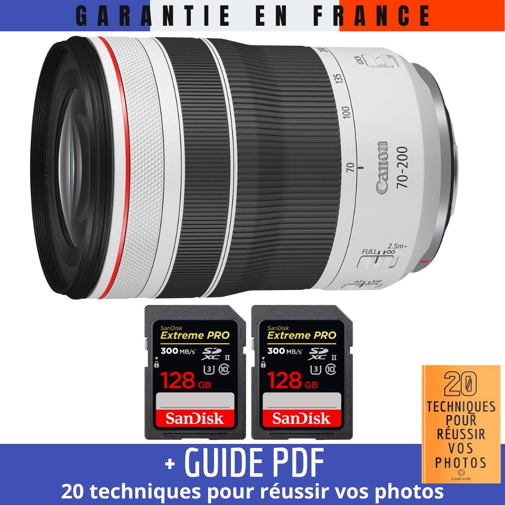 Canon RF 70-200mm f/4L IS USM Lens + 2 SanDisk 128GB UHS-II 300MB/s Cards + '20 TECHNIQUES POUR RÉUSSIR VOS PHOTOS' Guide