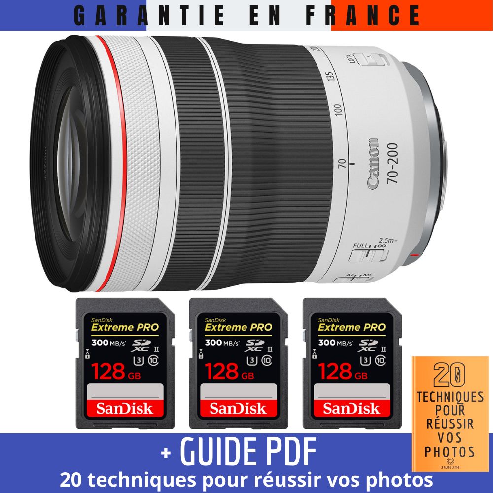 Canon RF 70-200mm f/4L IS USM Lens + 3 SanDisk 128GB UHS-II 300MB/s Cards + '20 TECHNIQUES POUR RÉUSSIR VOS PHOTOS Guide
