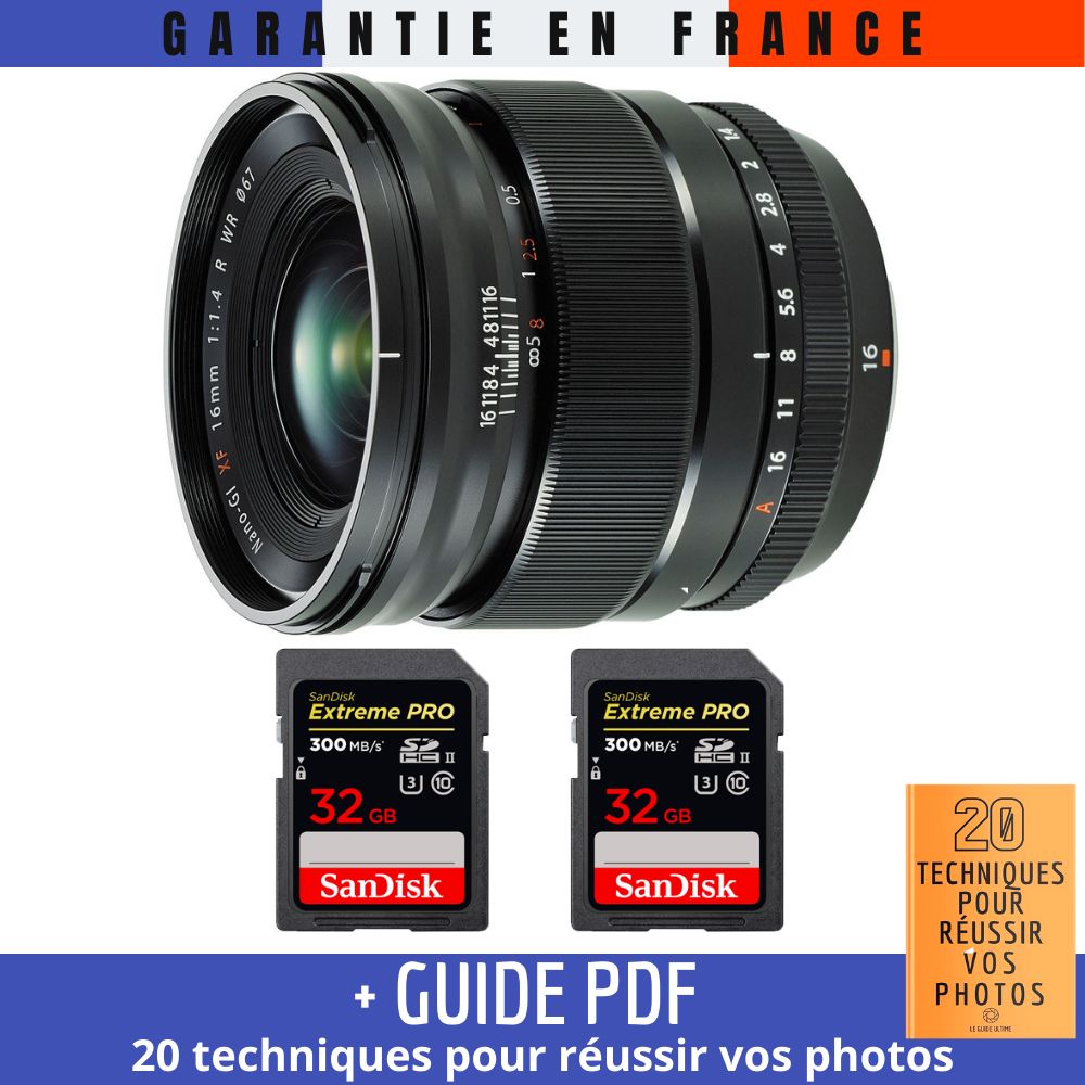Fujifilm XF 16mm f/1.4 R WR Lens + 2 SanDisk 32GB UHS-II Cards + Guide: 20 Techniques for Success