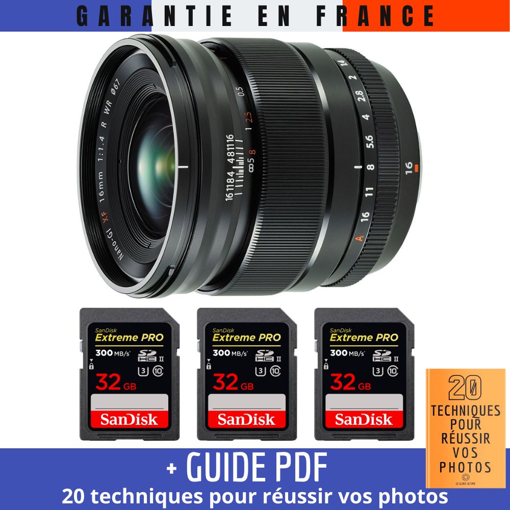 Fujifilm XF 16mm f/1.4 R WR Lens + 3 SanDisk 32GB UHS-II Cards + Guide: 20 Techniques for Success