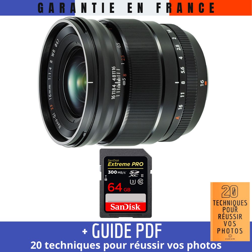 Fujifilm XF 16mm f/1.4 R WR Lens + 1 SanDisk 64GB UHS-II 300MB/s Card + Guide: 20 Techniques for Successful Photos