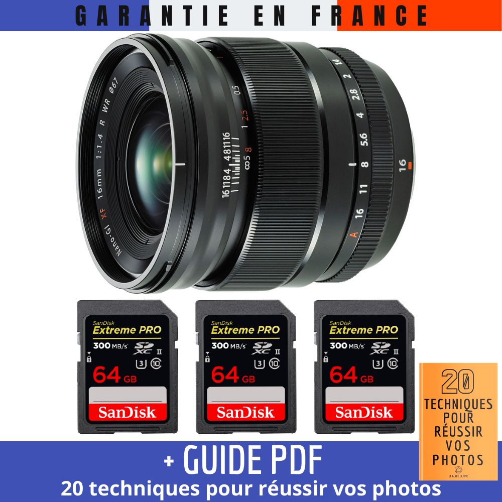 Fujifilm XF 16mm f/1.4 R WR Wide-Angle Lens + 3 SanDisk 64GB UHS-II Cards + Guide PDF: 20 Techniques for Success